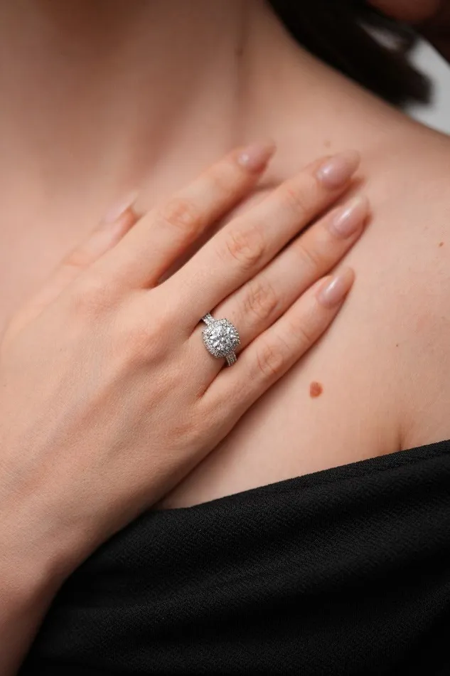 Attrangi Rings Round Solitaire with Clustered Diamonds in Cushion Shape Ring