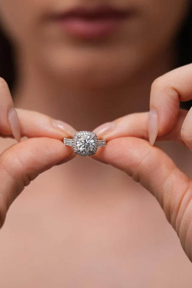 Attrangi Rings Round Solitaire with Clustered Diamonds in Cushion Shape Ring Attrangi Rings Round Solitaire with Clustered Diamonds in Cushion Shape Ring