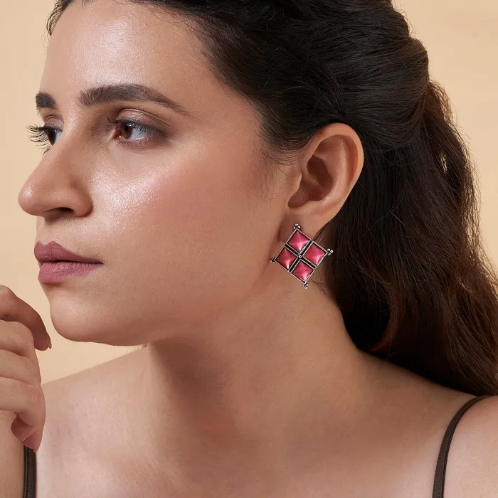 Earrings Teejh Teejh Dhamini Pastel Pink Silver Oxidised Earrings