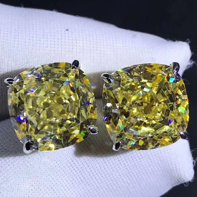 Leyloon Jewelry 4 Carat Yellow Cushion Cut Solitaire VVS Moissanite Stud Earrings Earrings