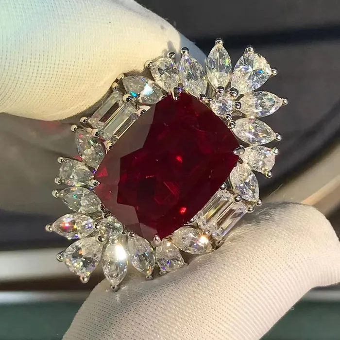 Leyloon Jewelry BIG 10 Carat VVS Cushion cut Red Lab Ruby Double Halo Ring Rings