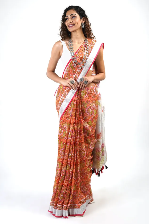 Necklaces Teejh Teejh Aniya Peach Linen Hand Block Saree With Blouse Piece