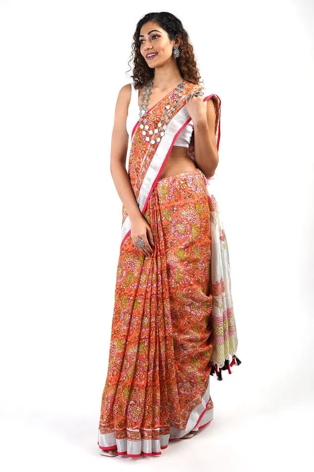 Necklaces Teejh Teejh Aniya Peach Linen Hand Block Saree With Blouse Piece