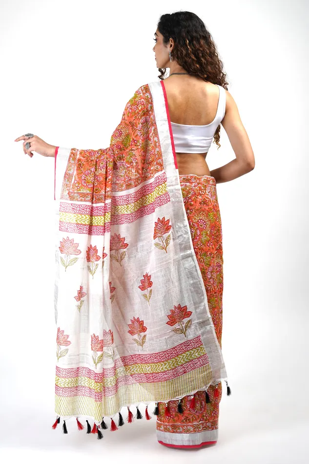 Necklaces Teejh Teejh Aniya Peach Linen Hand Block Saree With Blouse Piece