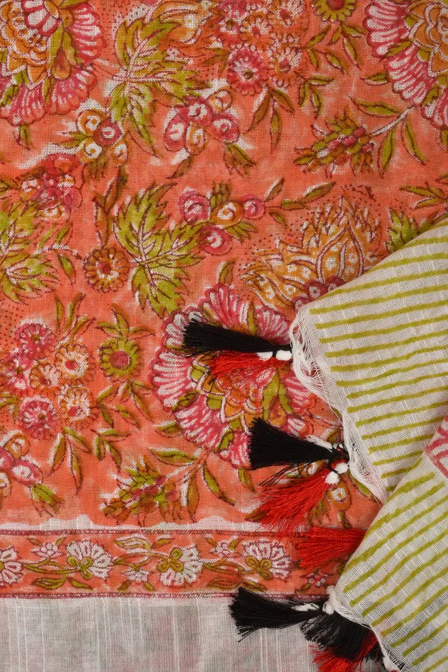 Necklaces Teejh Teejh Aniya Peach Linen Hand Block Saree With Blouse Piece