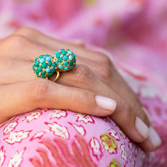 Vintage Pav Turquoise and 18k Gold Bypass Ring Rings