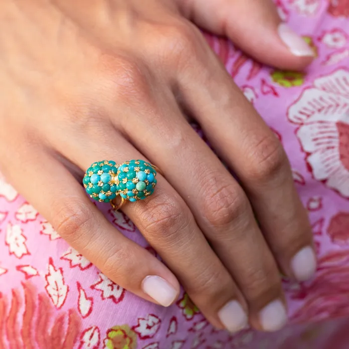 Vintage Pav Turquoise and 18k Gold Bypass Ring Rings