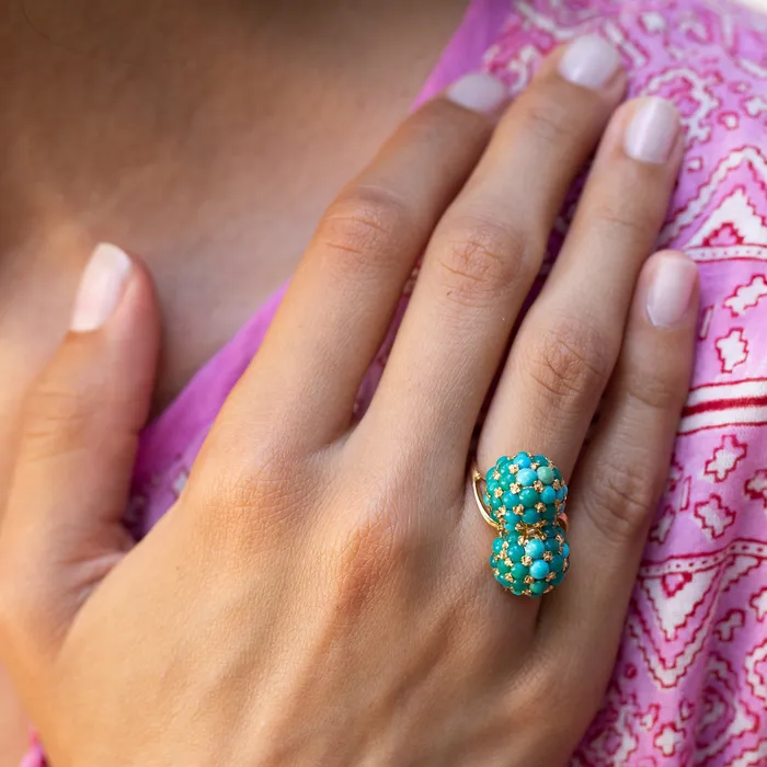 Vintage Pav Turquoise and 18k Gold Bypass Ring Rings