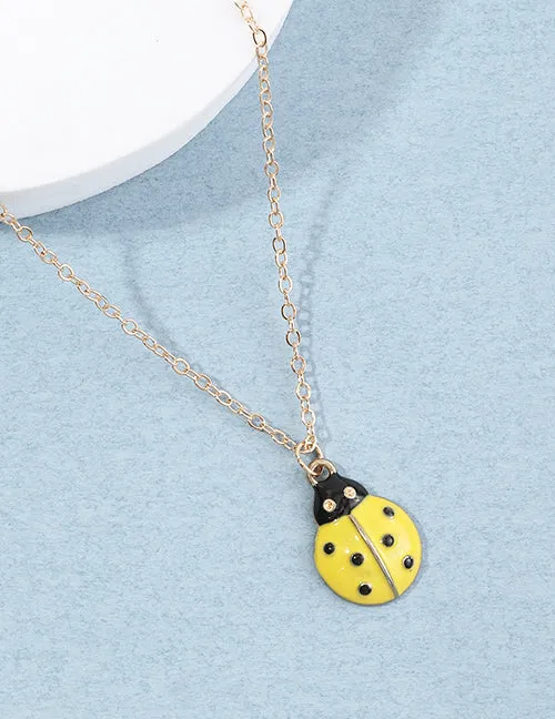 02 Necklaces N674 Gold Yellow Baked Enamel Ladybug Necklace With FREE Earrings