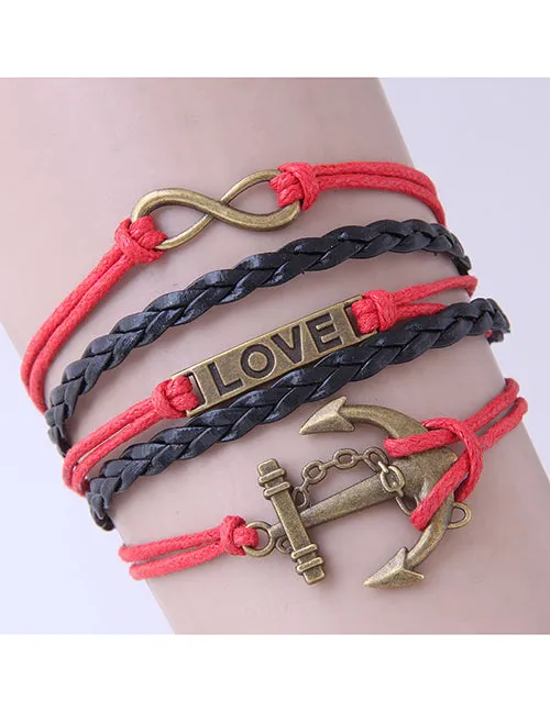 Bracelets 02 B93 Red Anchor Leather Layer Bracelet