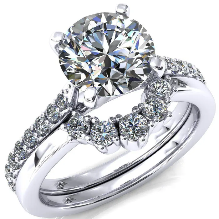 Fire Brilliance Kelsy Round Center Stone 4 Prong 34 Shared Scalloped Inverted Cathedral Ring Rings