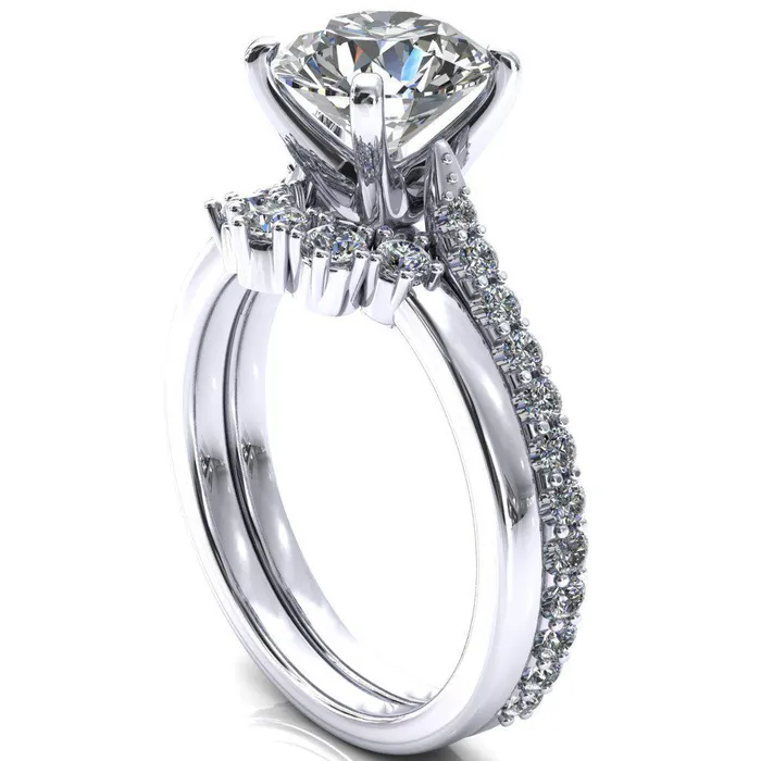 Fire Brilliance Kelsy Round Center Stone 4 Prong 34 Shared Scalloped Inverted Cathedral Ring Rings