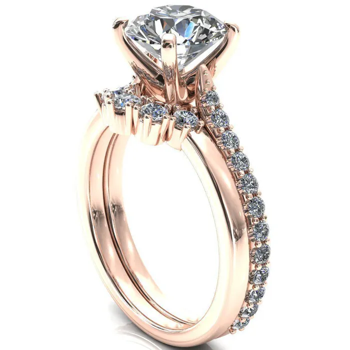 Fire Brilliance Kelsy Round Center Stone 4 Prong 34 Shared Scalloped Inverted Cathedral Ring Rings