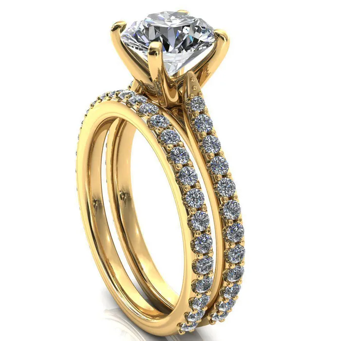 Fire Brilliance Kelsy Round Center Stone 4 Prong 34 Shared Scalloped Inverted Cathedral Ring Rings