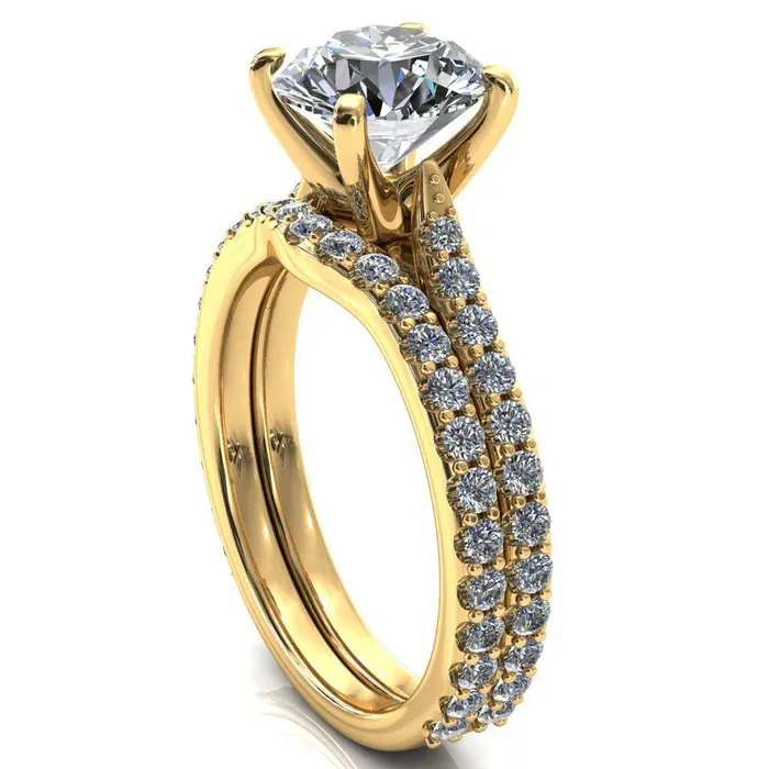 Fire Brilliance Kelsy Round Center Stone 4 Prong 34 Shared Scalloped Inverted Cathedral Ring Rings
