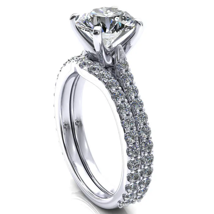 Fire Brilliance Kelsy Round Center Stone 4 Prong 34 Shared Scalloped Inverted Cathedral Ring Rings