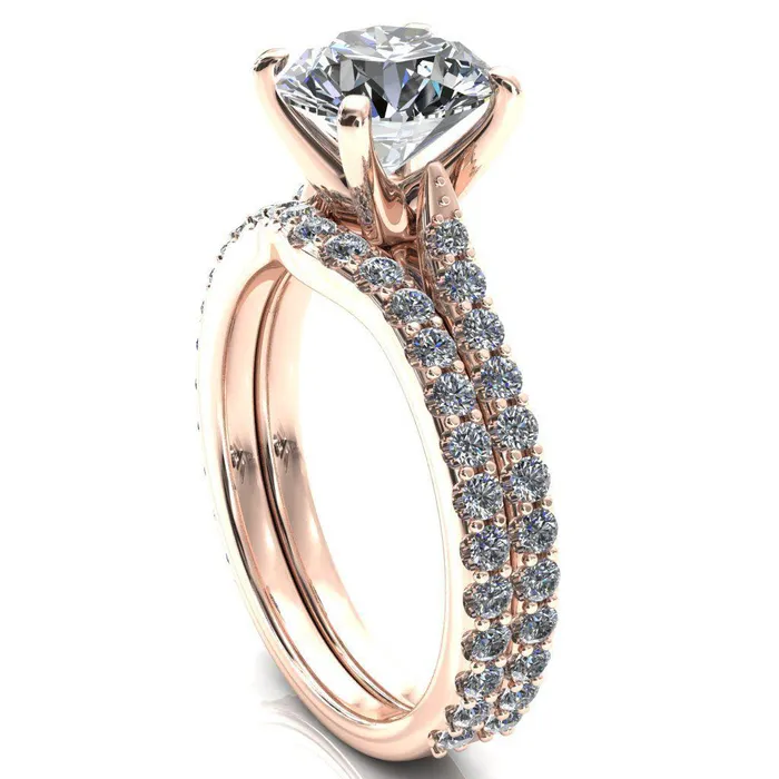 Fire Brilliance Kelsy Round Center Stone 4 Prong 34 Shared Scalloped Inverted Cathedral Ring Rings
