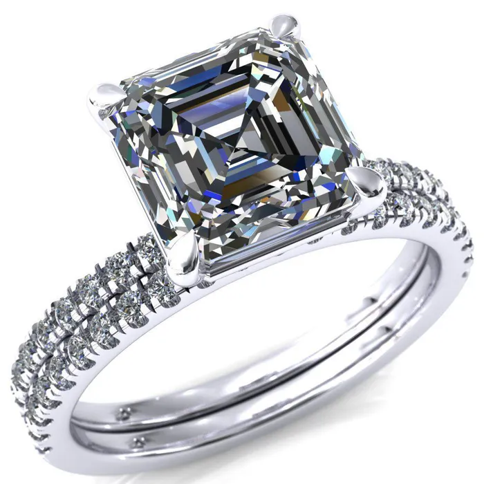 Fire Brilliance Rings Alessandra Asscher Moissanite 4 Claw Prong Diamond Accent Engagement Ring