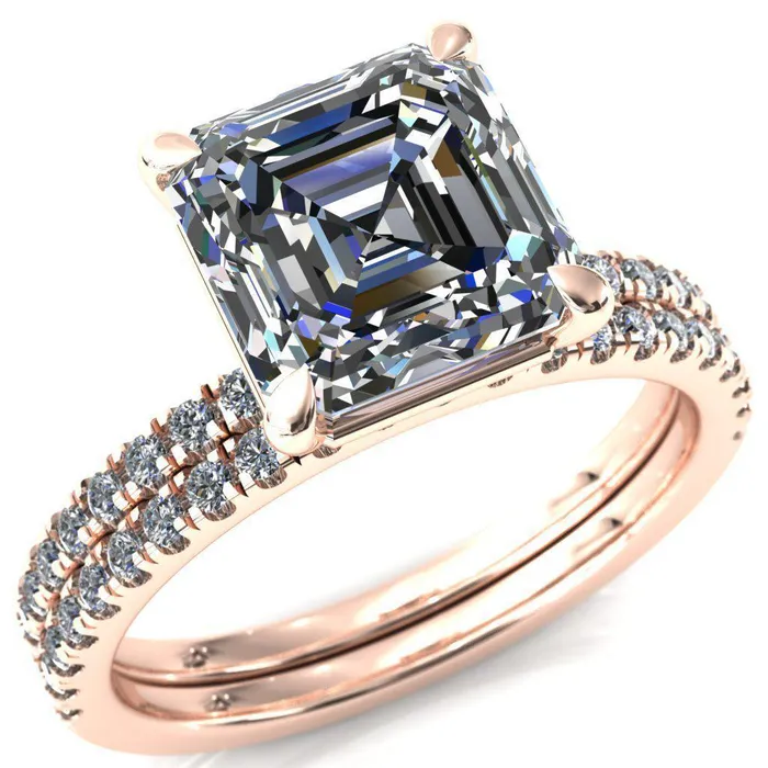 Fire Brilliance Rings Alessandra Asscher Moissanite 4 Claw Prong Diamond Accent Engagement Ring