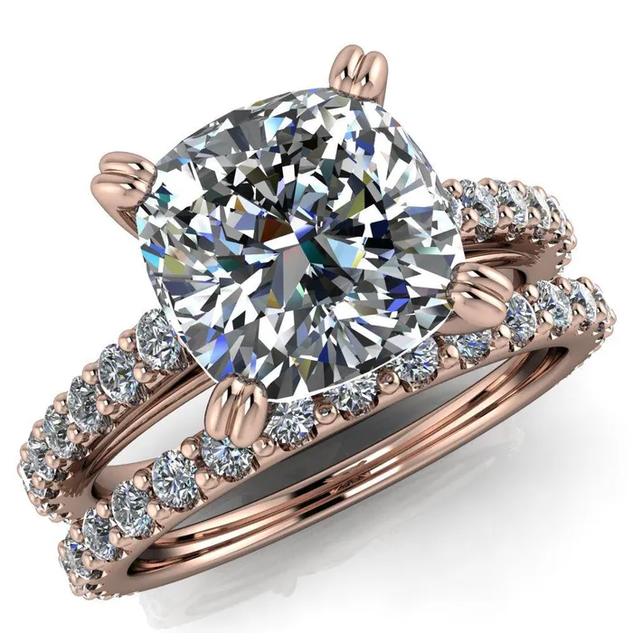 Fire Brilliance Rings Marnie Cushion Center Stone 4 Double Prong Diamond Cathedral Ring
