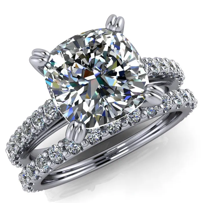 Fire Brilliance Rings Marnie Cushion Center Stone 4 Double Prong Diamond Cathedral Ring