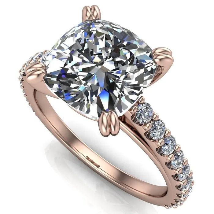 Fire Brilliance Rings Marnie Cushion Center Stone 4 Double Prong Diamond Cathedral Ring