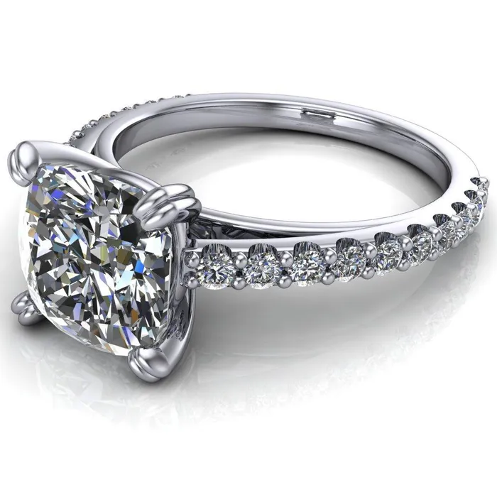 Fire Brilliance Rings Marnie Cushion Center Stone 4 Double Prong Diamond Cathedral Ring