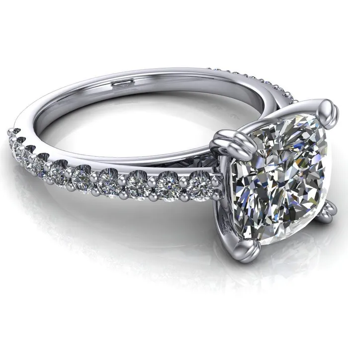Fire Brilliance Rings Marnie Cushion Center Stone 4 Double Prong Diamond Cathedral Ring