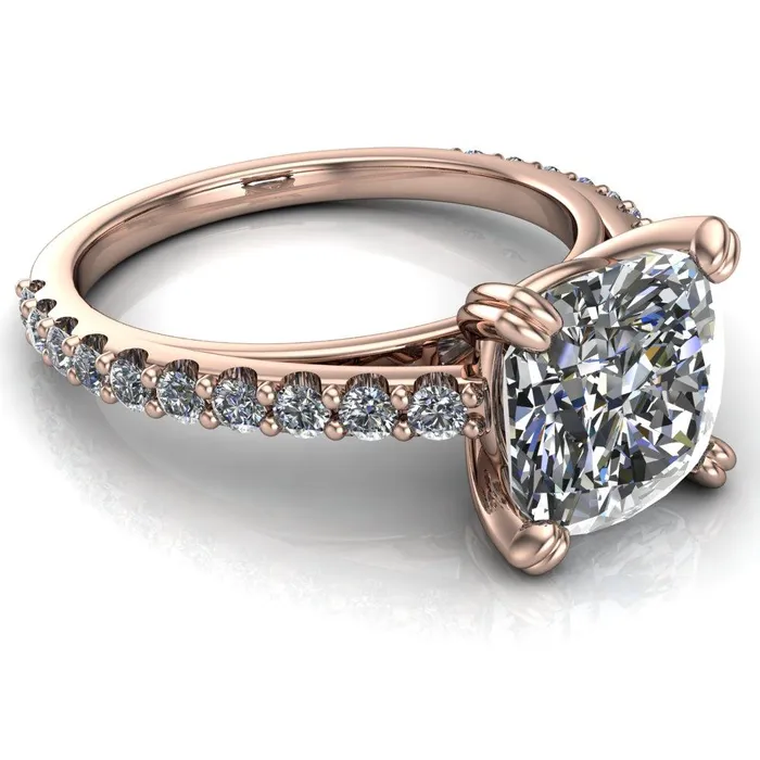 Fire Brilliance Rings Marnie Cushion Center Stone 4 Double Prong Diamond Cathedral Ring