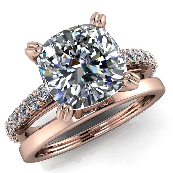 Fire Brilliance Rings Marnie Cushion Center Stone 4 Double Prong Diamond Cathedral Ring
