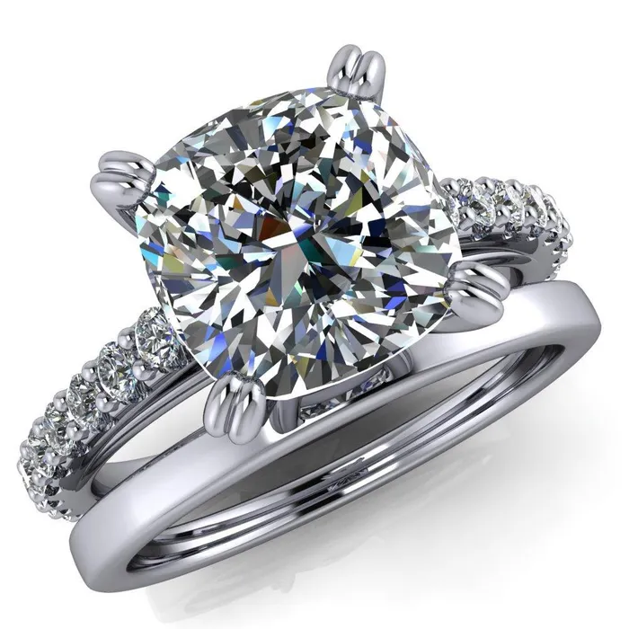 Fire Brilliance Rings Marnie Cushion Center Stone 4 Double Prong Diamond Cathedral Ring