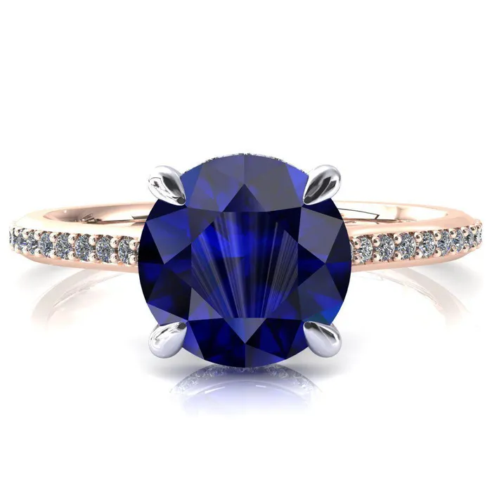 Kiki Round Blue Sapphire 4 Prongs Claw Floating Halo 12 Pinpoint Inverted Cathedral Ring Fire Brilliance Rings