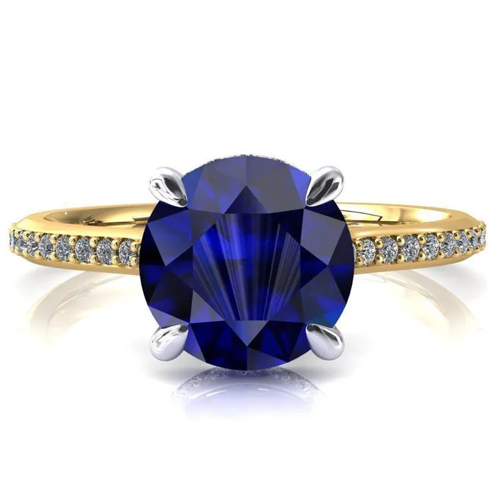 Kiki Round Blue Sapphire 4 Prongs Claw Floating Halo 12 Pinpoint Inverted Cathedral Ring Fire Brilliance Rings