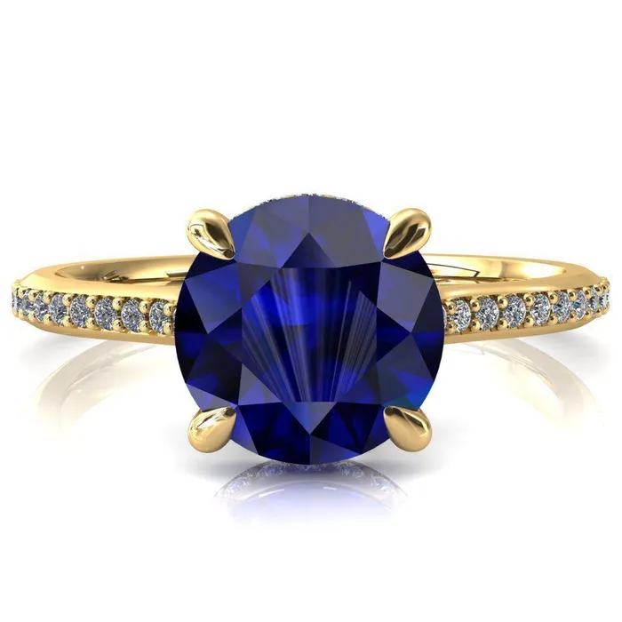 Kiki Round Blue Sapphire 4 Prongs Claw Floating Halo 12 Pinpoint Inverted Cathedral Ring Fire Brilliance Rings