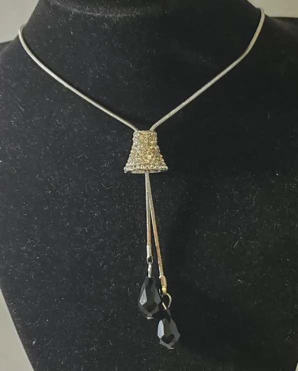 Necklaces polly N2083 Silver Rhinestone Bell Shape Black Gem Adjustable Sweater Necklace with FREE Earrings