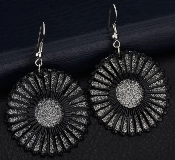 POLLY Earrings E71 Black Silver Glitter Metal Circle Earrings