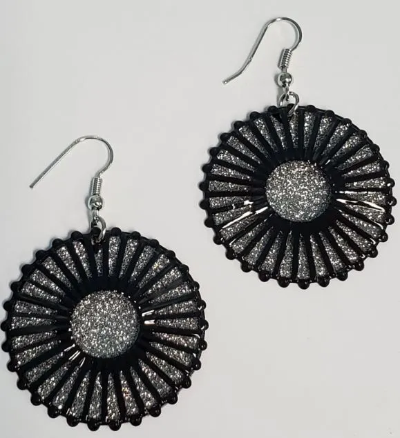 POLLY Earrings E71 Black Silver Glitter Metal Circle Earrings