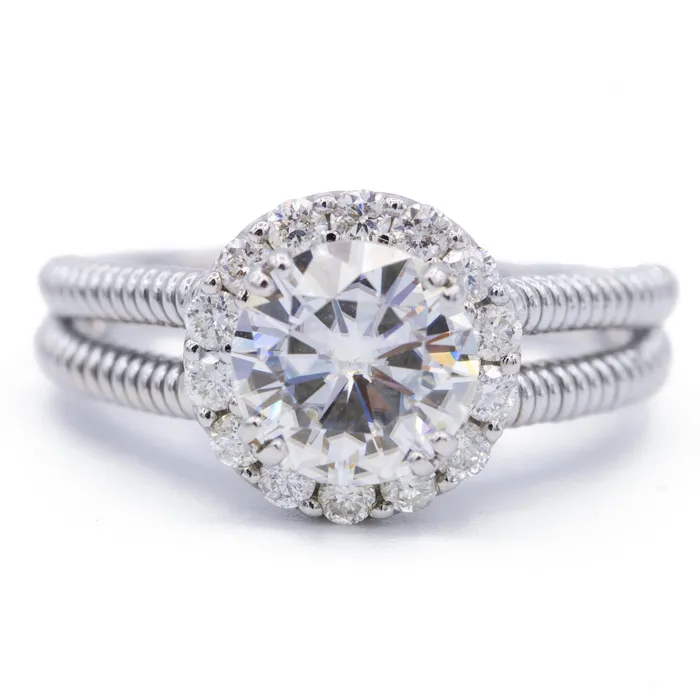 Rings Fire Brilliance 85mm Round Center 14K White Gold Diamond Halo Twist Shank Ring Rings Fire Brilliance 85mm Round Center 14K White Gold Diamond Halo Twist Shank Ring