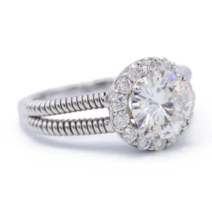 Rings Fire Brilliance 85mm Round Center 14K White Gold Diamond Halo Twist Shank Ring