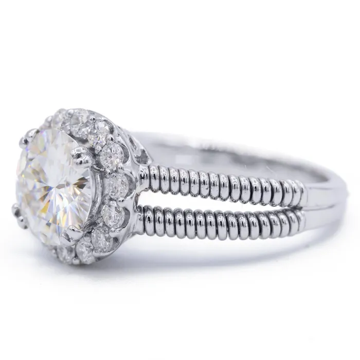 Rings Fire Brilliance 85mm Round Center 14K White Gold Diamond Halo Twist Shank Ring