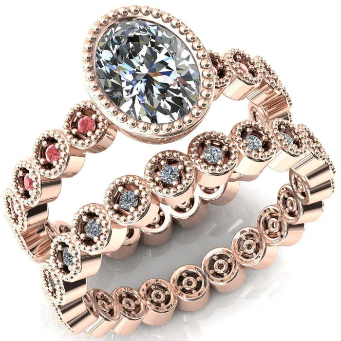 Rings Fire Brilliance Borea Oval Center Stone Full Bezel Milgrain Padparadscha Sapphire Accent Full Eternity Ring