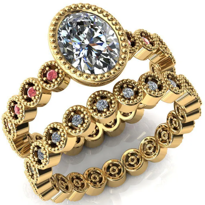 Rings Fire Brilliance Borea Oval Center Stone Full Bezel Milgrain Padparadscha Sapphire Accent Full Eternity Ring