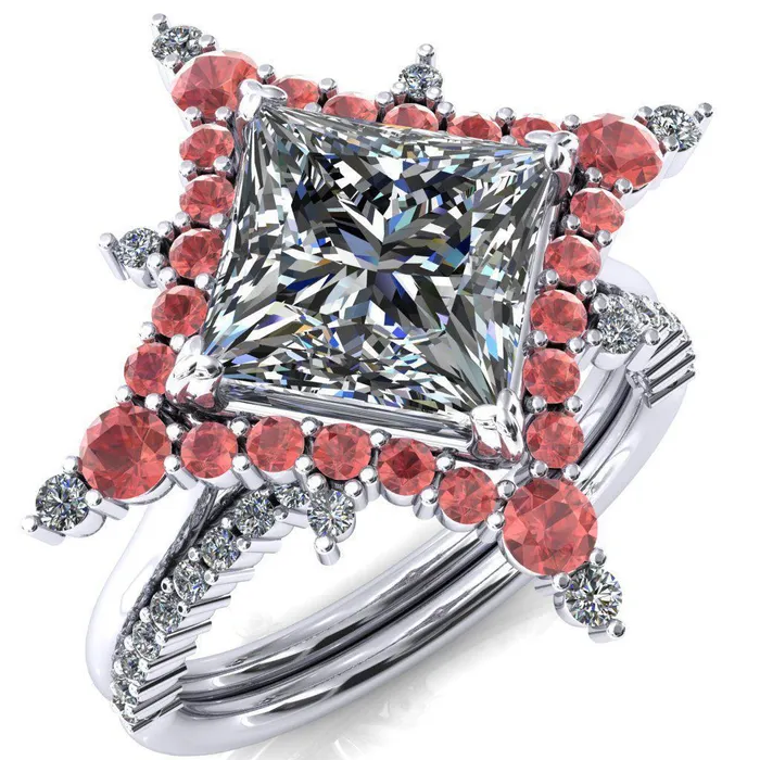 Rings Fire Brilliance Thalim PrincessSquare Moissanite 4Point Star Padparadscha Sapphire and Diamond Halo Ring ver 2 Rings Fire Brilliance Thalim PrincessSquare Moissanite 4Point Star Padparadscha Sapphire and Diamond Halo Ring ver 2