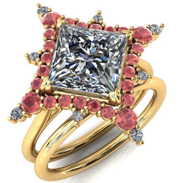 Rings Fire Brilliance Thalim PrincessSquare Moissanite 4Point Star Padparadscha Sapphire and Diamond Halo Ring ver 2