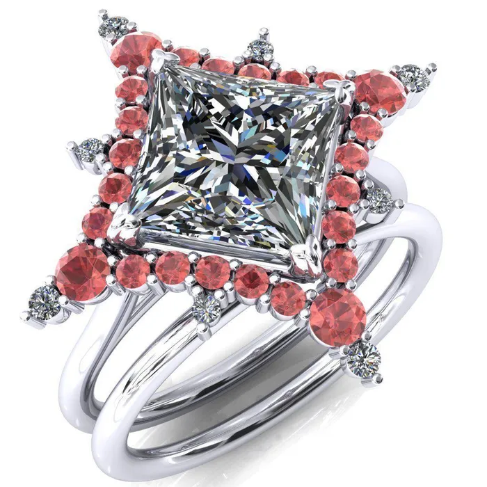 Rings Fire Brilliance Thalim PrincessSquare Moissanite 4Point Star Padparadscha Sapphire and Diamond Halo Ring ver 2