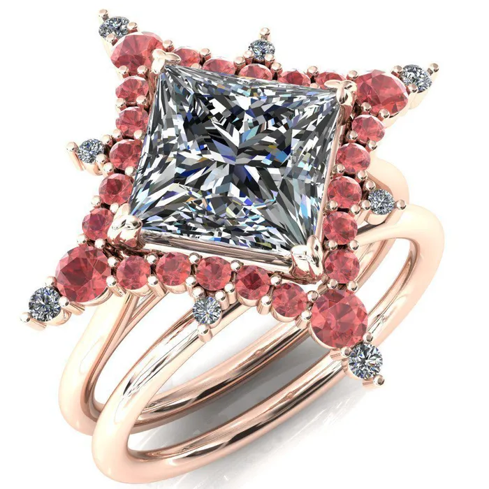 Rings Fire Brilliance Thalim PrincessSquare Moissanite 4Point Star Padparadscha Sapphire and Diamond Halo Ring ver 2