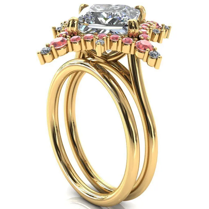 Rings Fire Brilliance Thalim PrincessSquare Moissanite 4Point Star Padparadscha Sapphire and Diamond Halo Ring ver 2