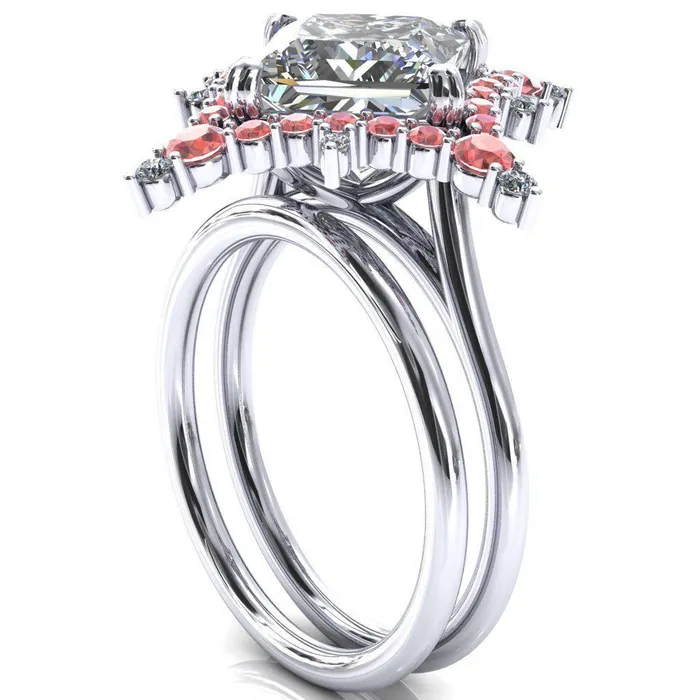 Rings Fire Brilliance Thalim PrincessSquare Moissanite 4Point Star Padparadscha Sapphire and Diamond Halo Ring ver 2