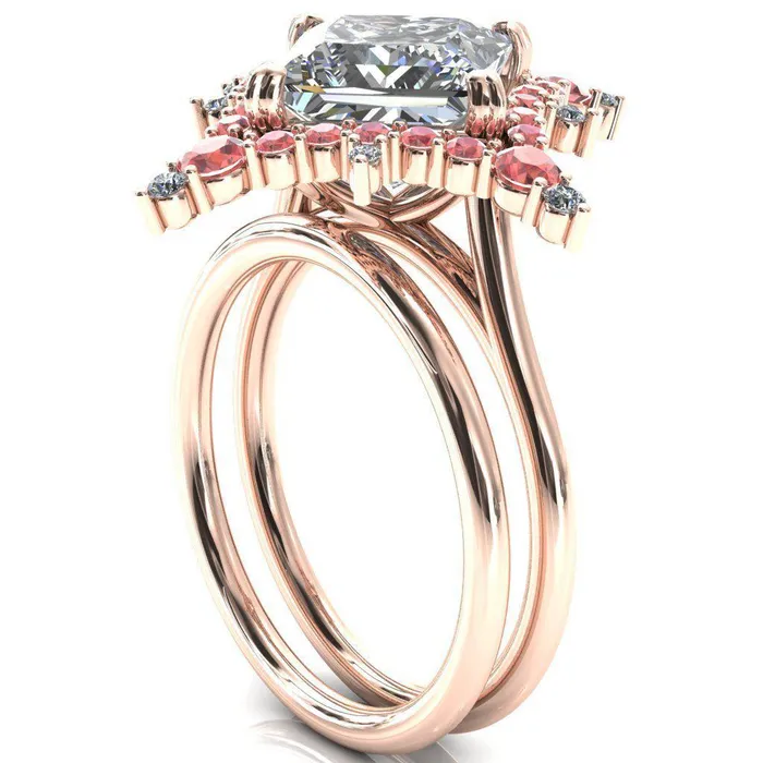 Rings Fire Brilliance Thalim PrincessSquare Moissanite 4Point Star Padparadscha Sapphire and Diamond Halo Ring ver 2