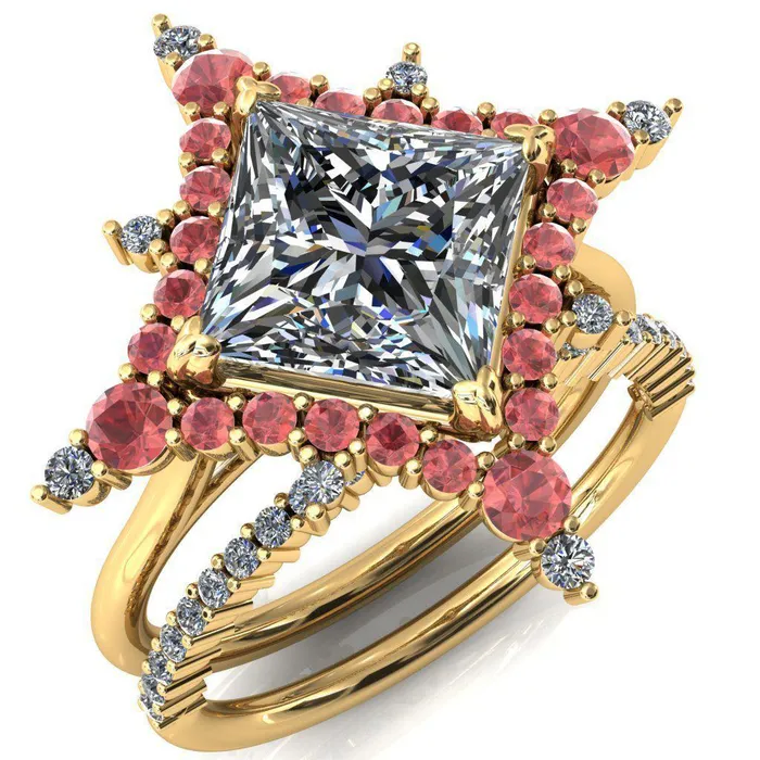 Rings Fire Brilliance Thalim PrincessSquare Moissanite 4Point Star Padparadscha Sapphire and Diamond Halo Ring ver 2